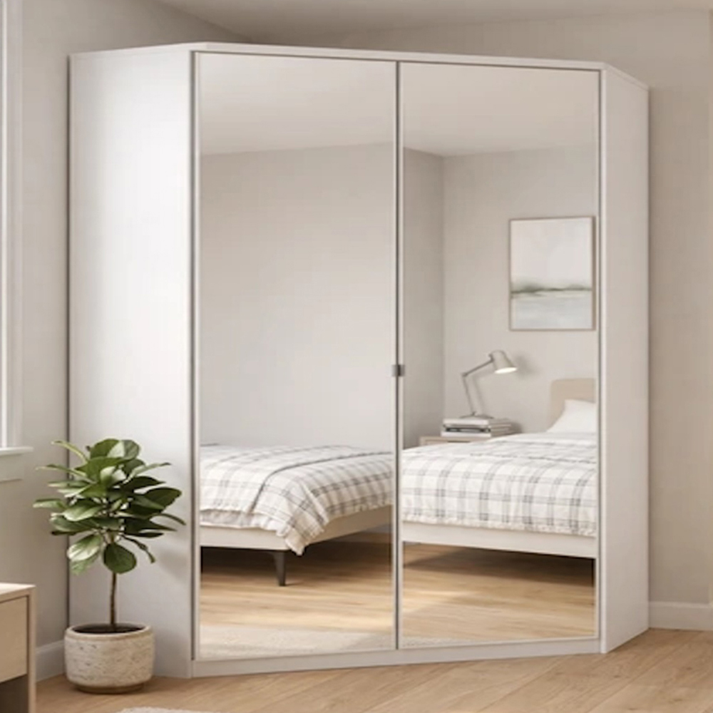 TJ'S Duo 3-Section White Mirrored Corner Wardrobe Image 1