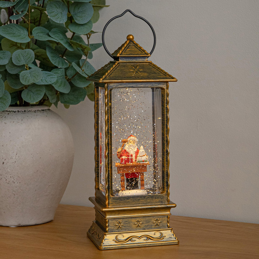 Samuel Alexander Warm White LED Antique Gold Santa Workshop Christmas Water Spinner Lantern 27cm Image 2