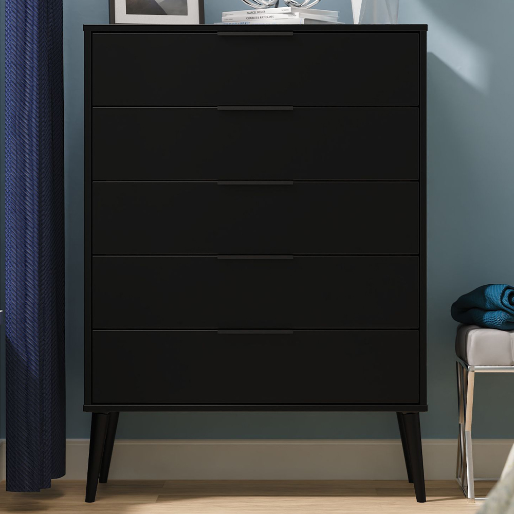 Crowndale Hong Kong 5 Drawer Matt Black Chest of Drawers Ready Assembled Image 1