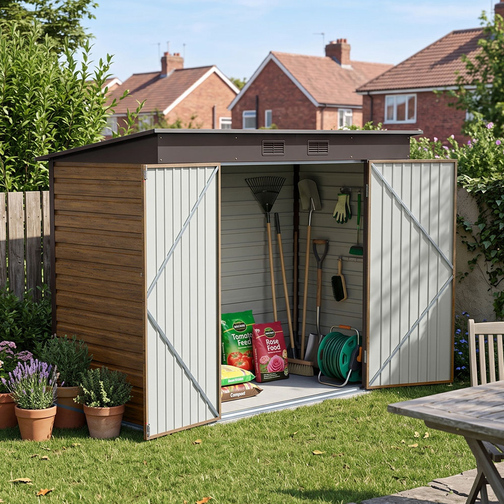 Living and Home 8 x 4ft Brown Wood-Grain Finish Pent Garden Storage Shed Image 2
