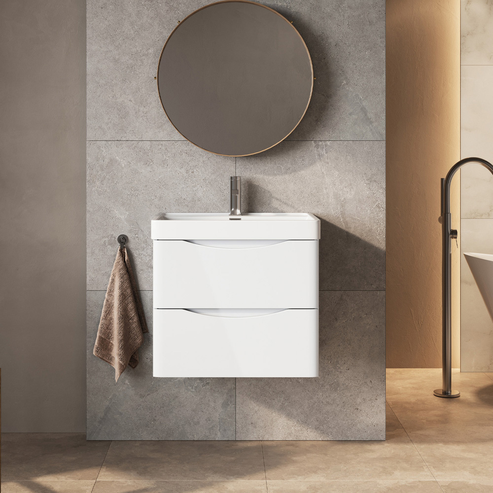 Go Bathrooms 2 Drawer White Gloss Wall Hung Vanity Unit with Ceramic Basin 600mm Image 4