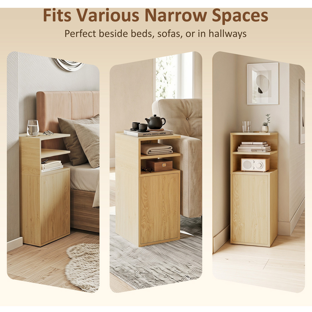HOMCOM Single Door Oak Slim Bedside Table with Open Cubbies Set of 2 Image 8