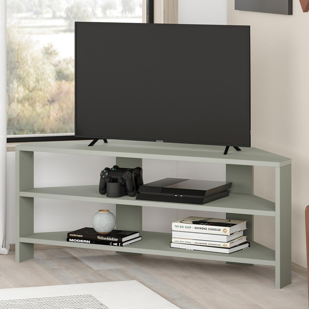 Decortie Thales 2 Shelf Ash Green Corner TV Stand Image 1