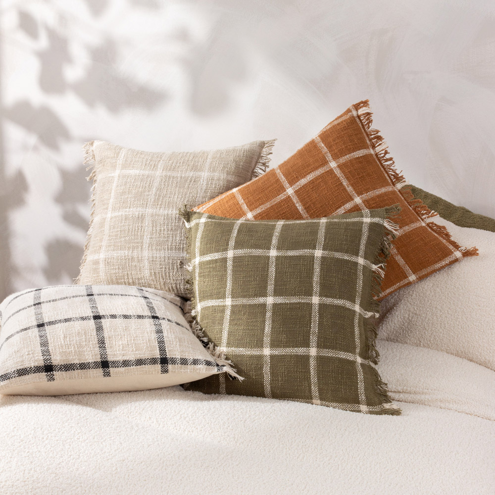 Yard Beni Moss and Natural Check Fringed Cushion Image 6