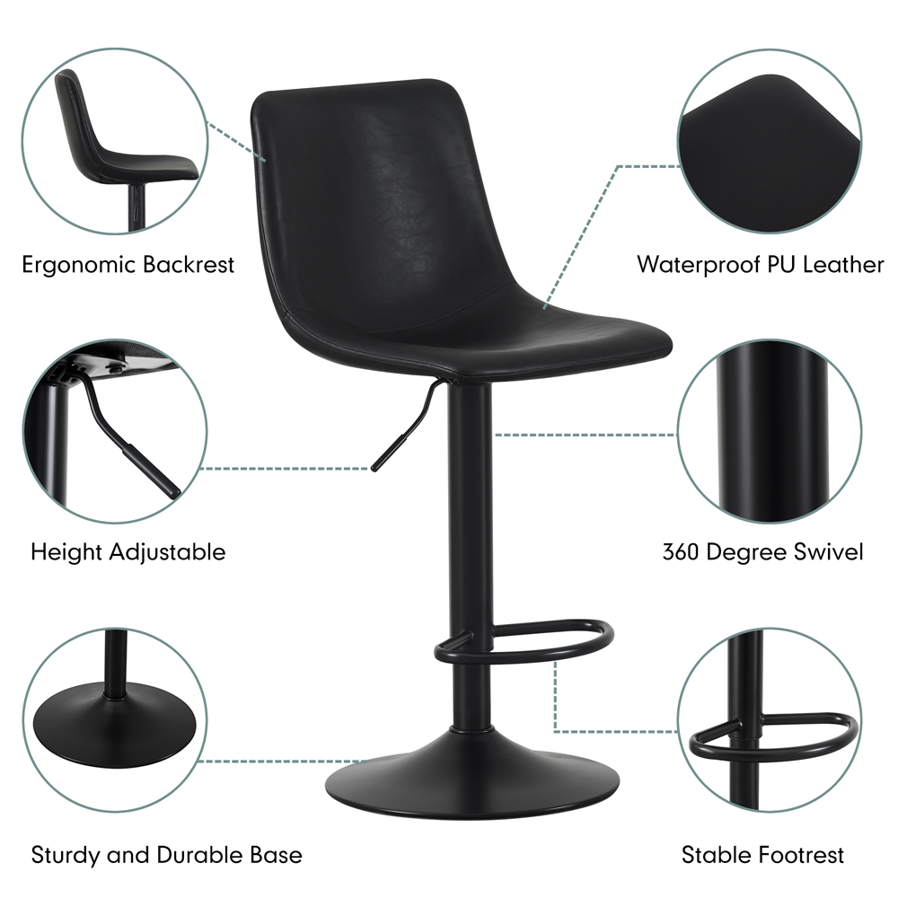Stefan Black Height Adjustable Bar Stool with Footrest Set of 2 Image 3