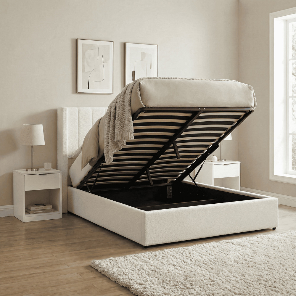 Home Source Alix Double White Boucle Lift-Up Ottoman Bed with Fluted Headboard Image 2