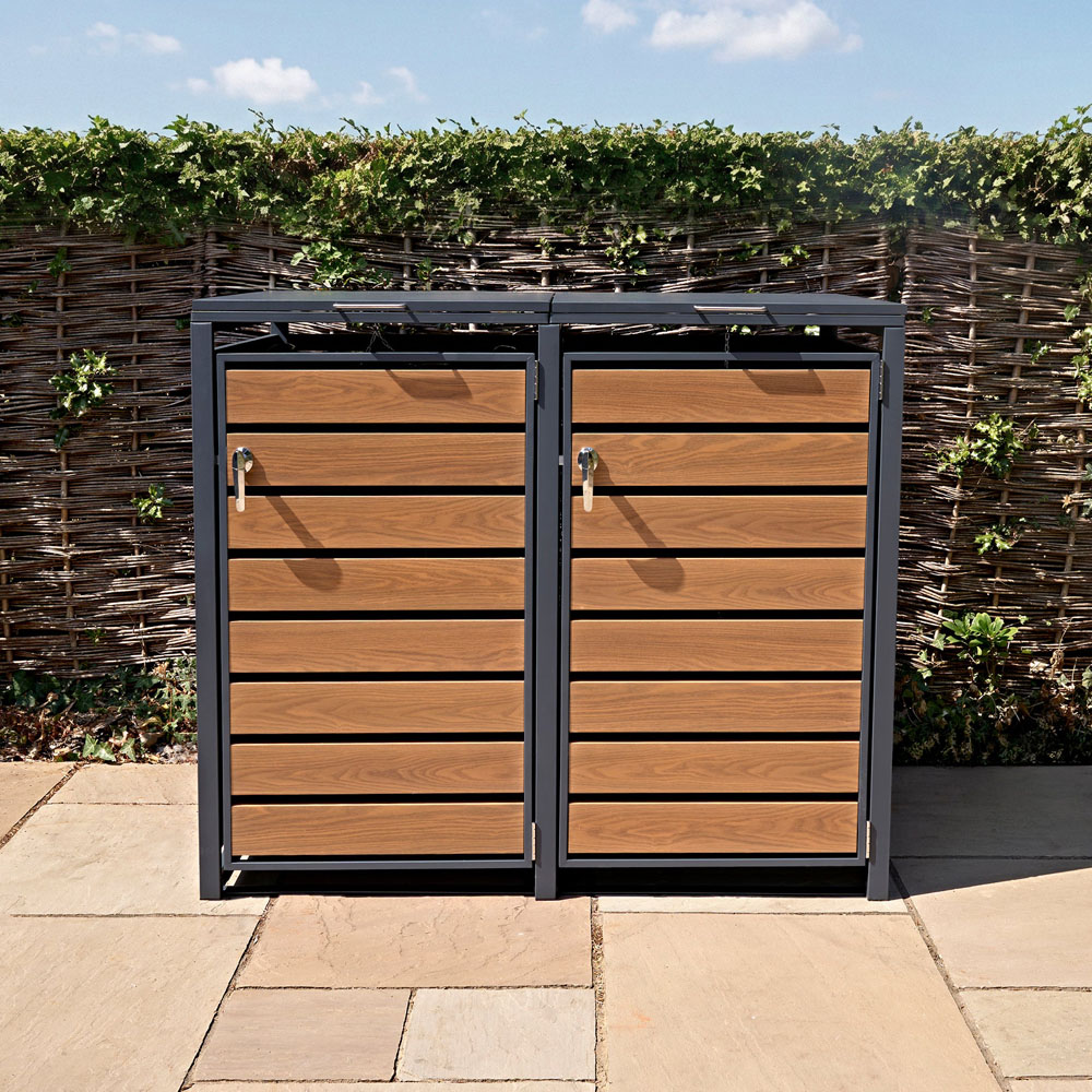 MonsterShop Anthracite and Wood Metal 2 Wheelie Bin Storage Shed Image 2