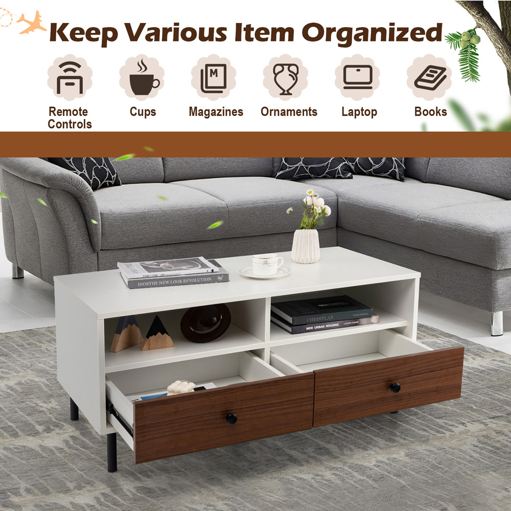 Costway 2 Drawer 2 Shelf White Coffee Table Image 6