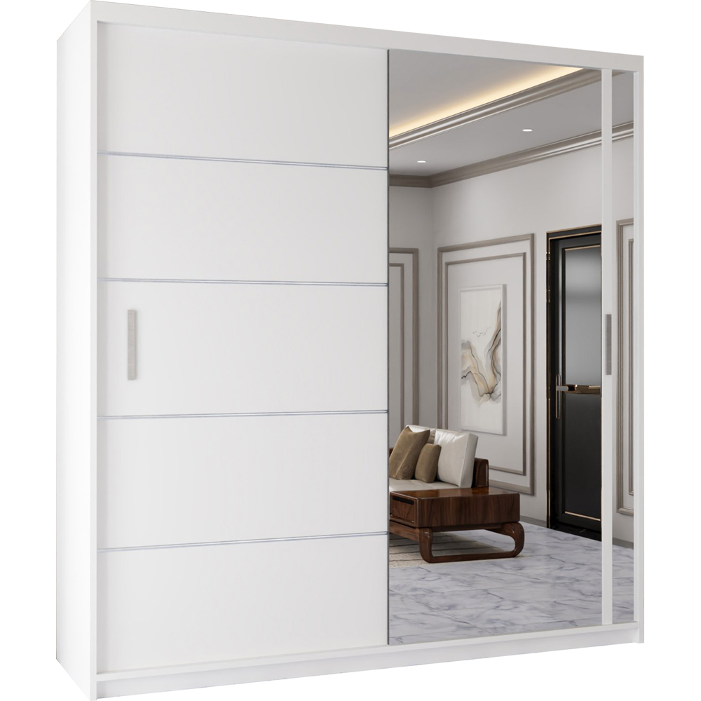 Modern Sliding Mirror Door Wardrobe with Adjustable Shelves and Hanging Rails (White 203cm) Image 2