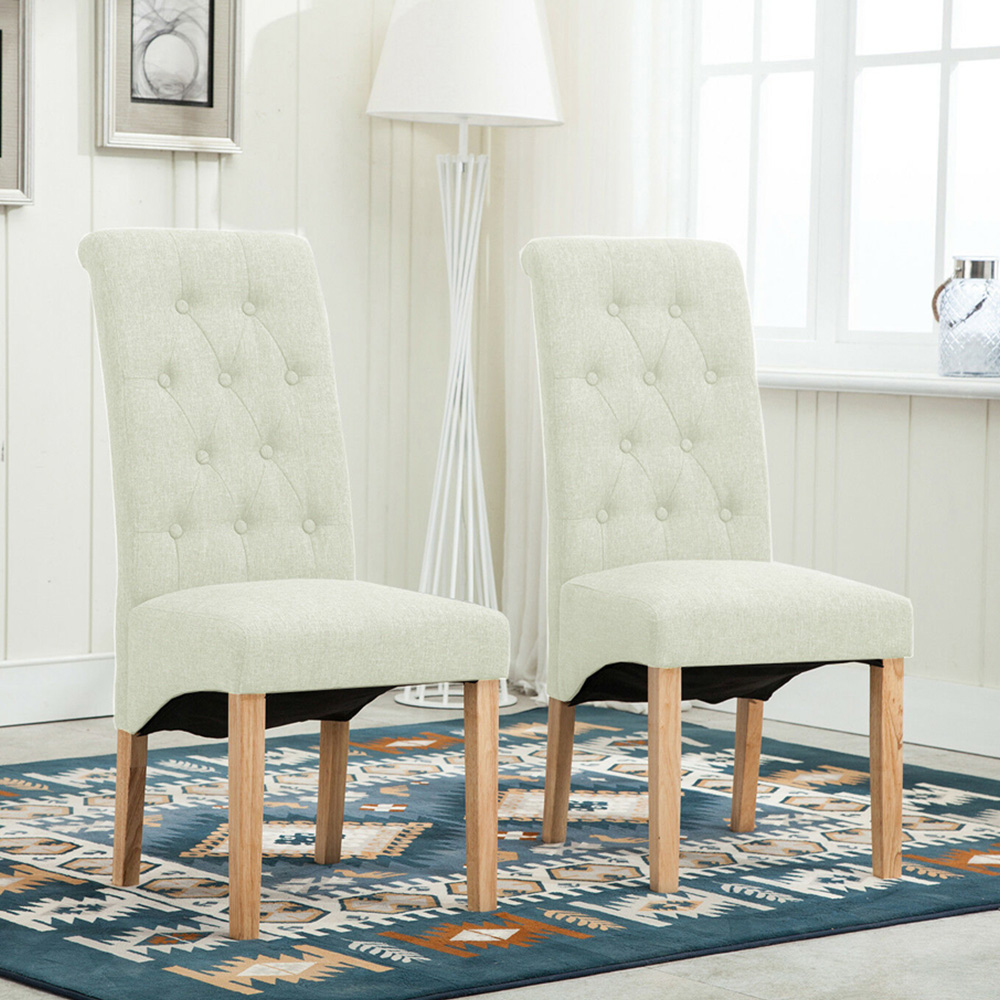 Cream Set of 2 Tufted High Back Fabric Dining Chair Image 2