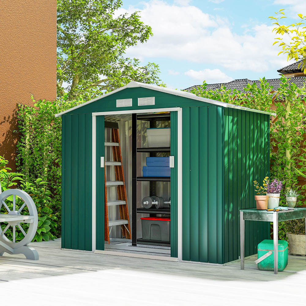 Outsunny 7 x 4ft Dark Green Metal Apex Garden Shed Image 2