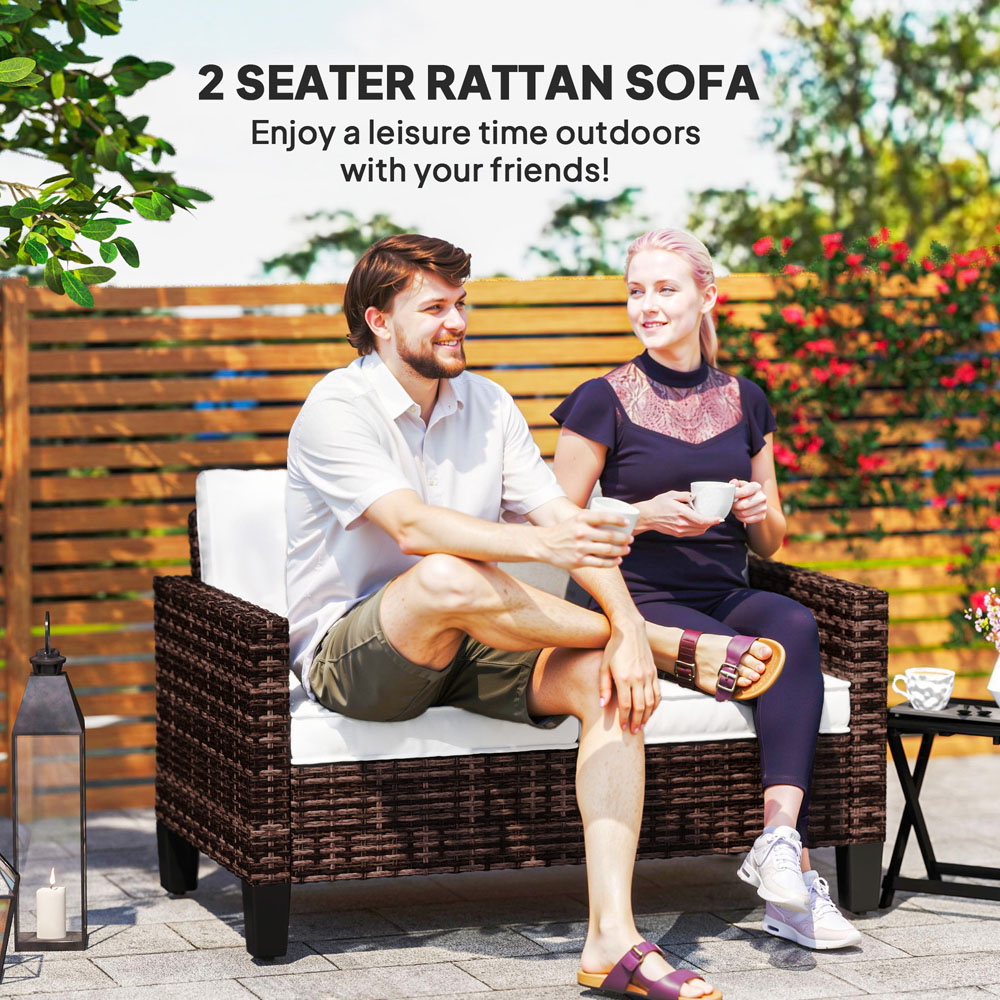 Outsunny 2 Seater Brown Cushion Rattan Garden Sofa Image 5