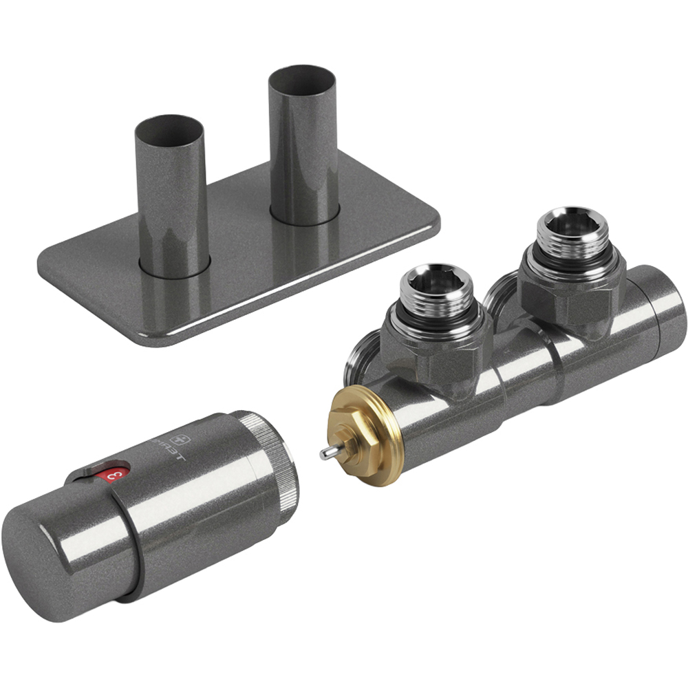 Terma Vario Sparkling Grey Left Sided Twins Angled Integrated Thermostatic Radiator Valve Set 50mm Image 1
