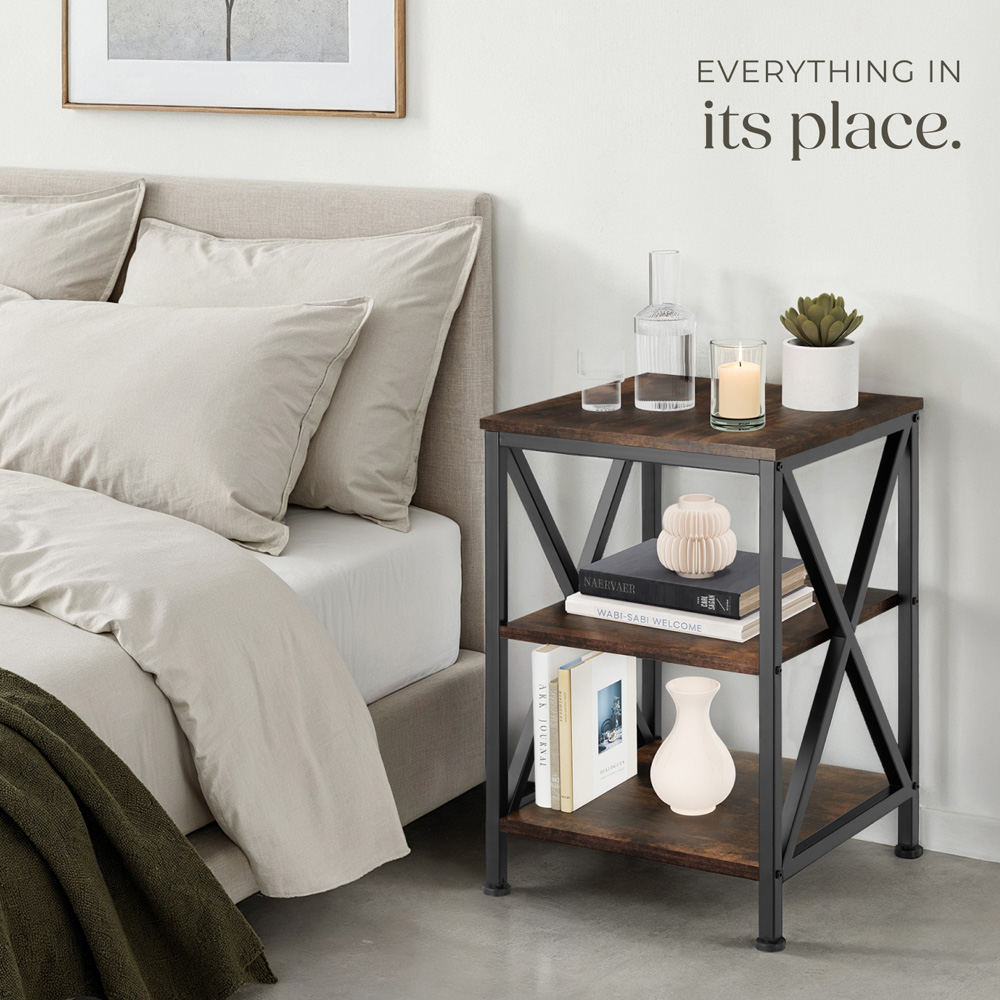 Tectake Nottingham 2 Shelf Rustic Dark Wood Bedside Table Image 8