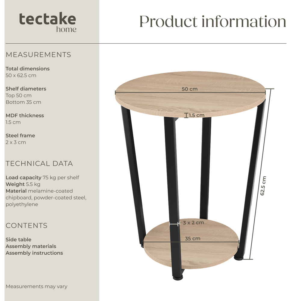 Tectake Swindon Single Shelf Round Sonoma Oak Bedside Table Image 9