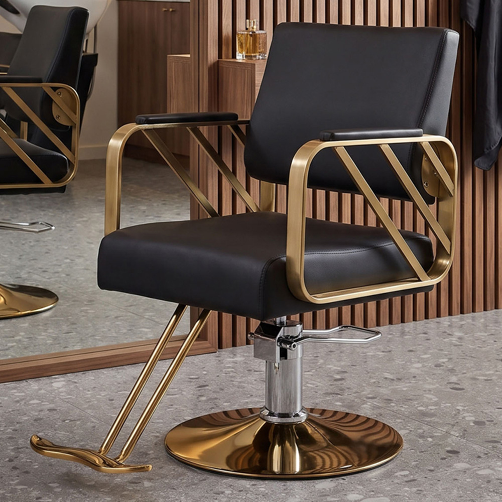 Living and Home Black and Gold Luxury Barber Chair with Fishtail Footrest Image 1