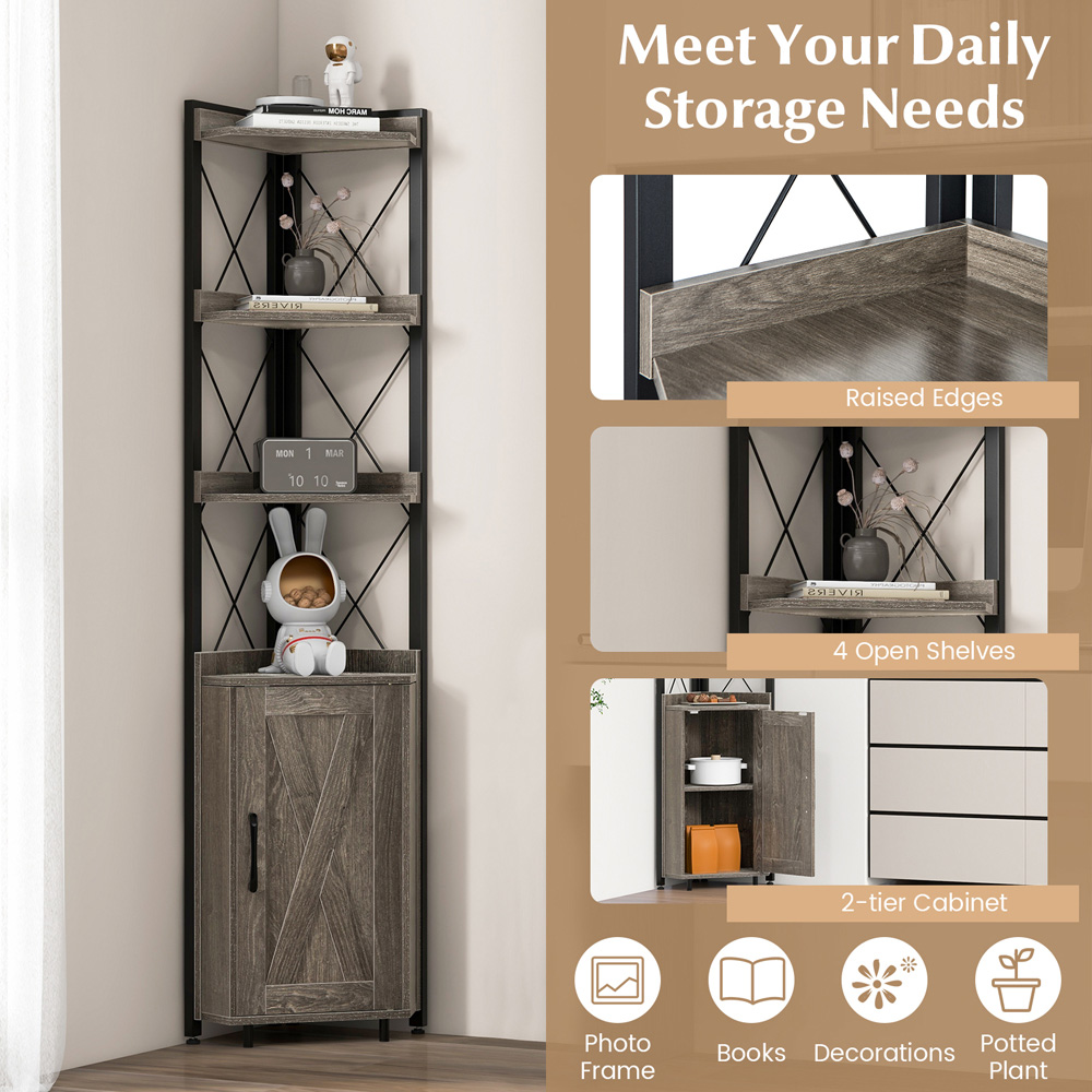 Costway Single Door 4 Shelf Grey Corner Bookcase Image 6