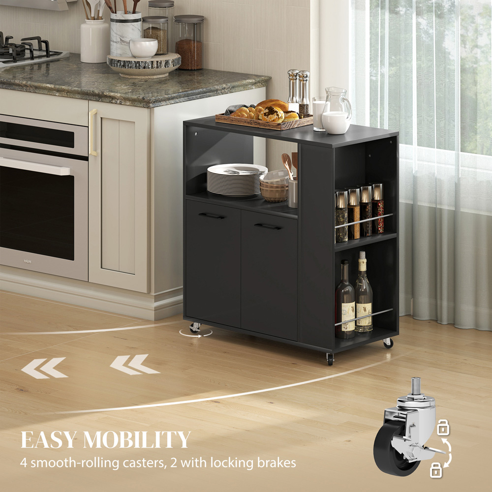 HOMCOM 2 Door Black Kitchen Island on Wheels with Spice Rack Image 8