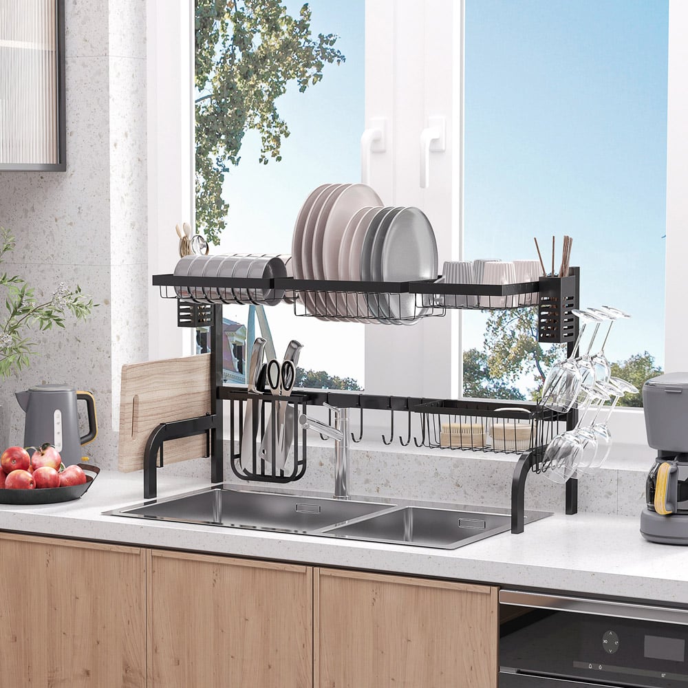 HOMCOM 2 Tier Black Over The Sink Dish Drainer Rack 100cm Image 2