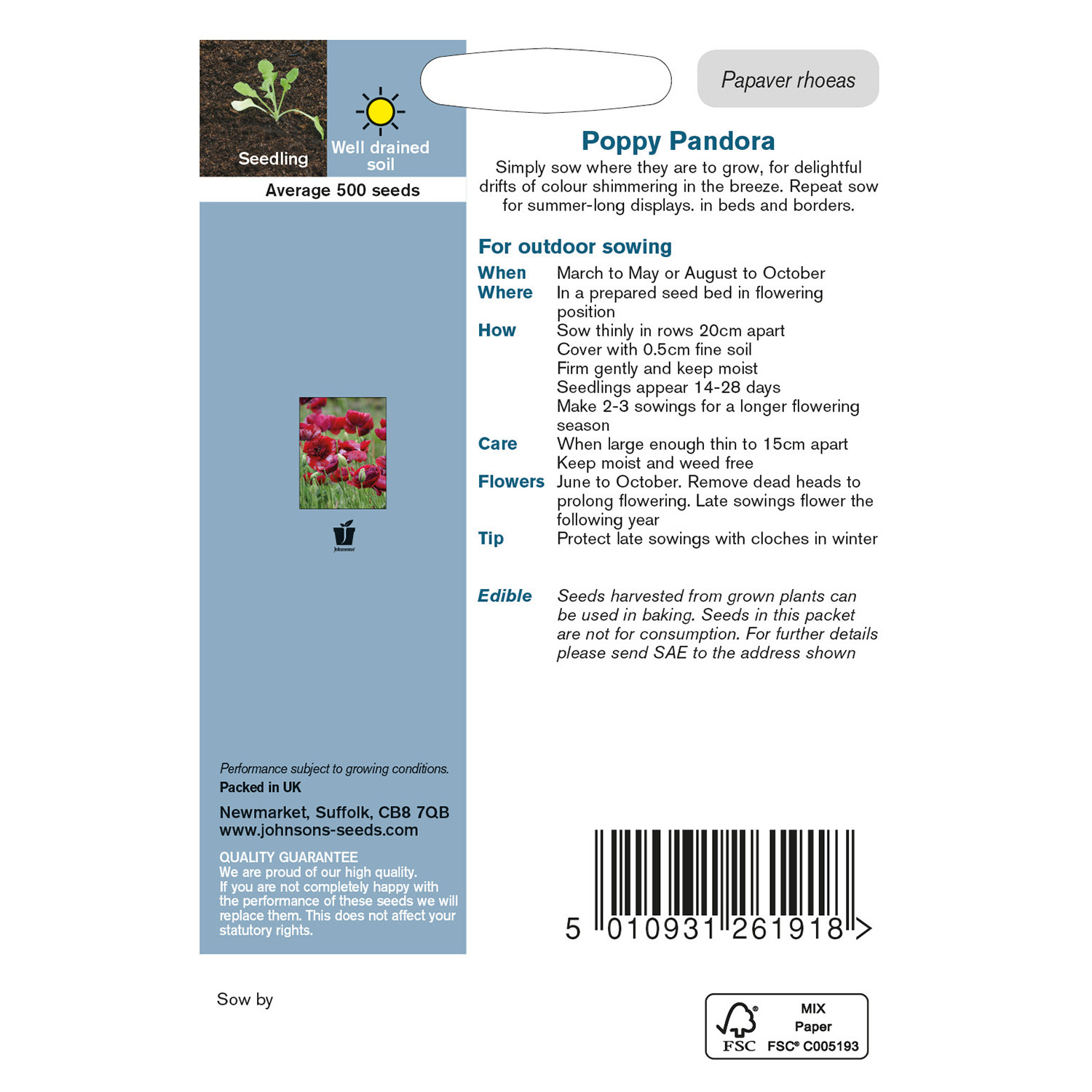 Johnsons Poppy Pandora Flower Seeds Image 3