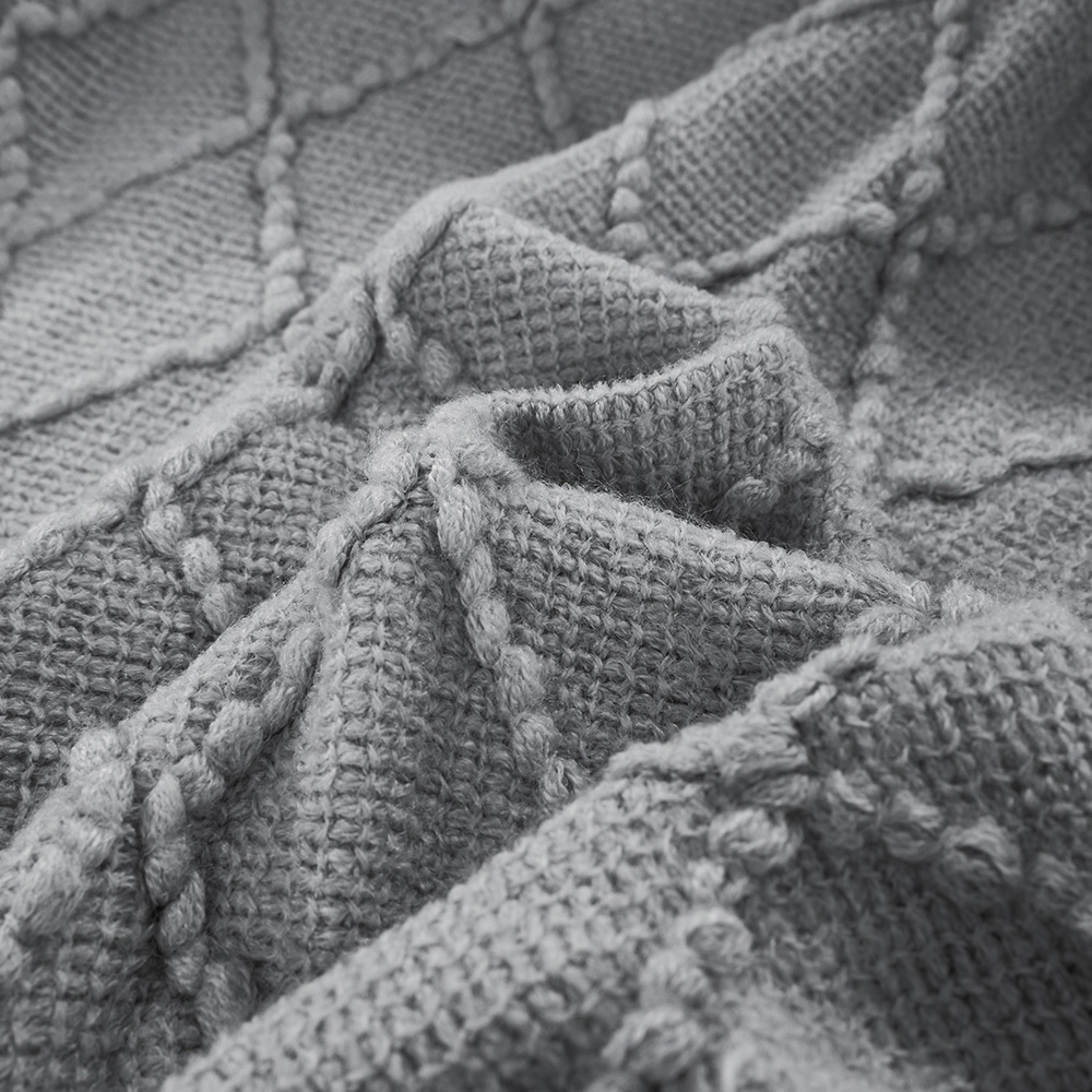 Living and Home Light Grey Diamond Knit Throw Blanket with Tassels 130 x 170cm Image 6