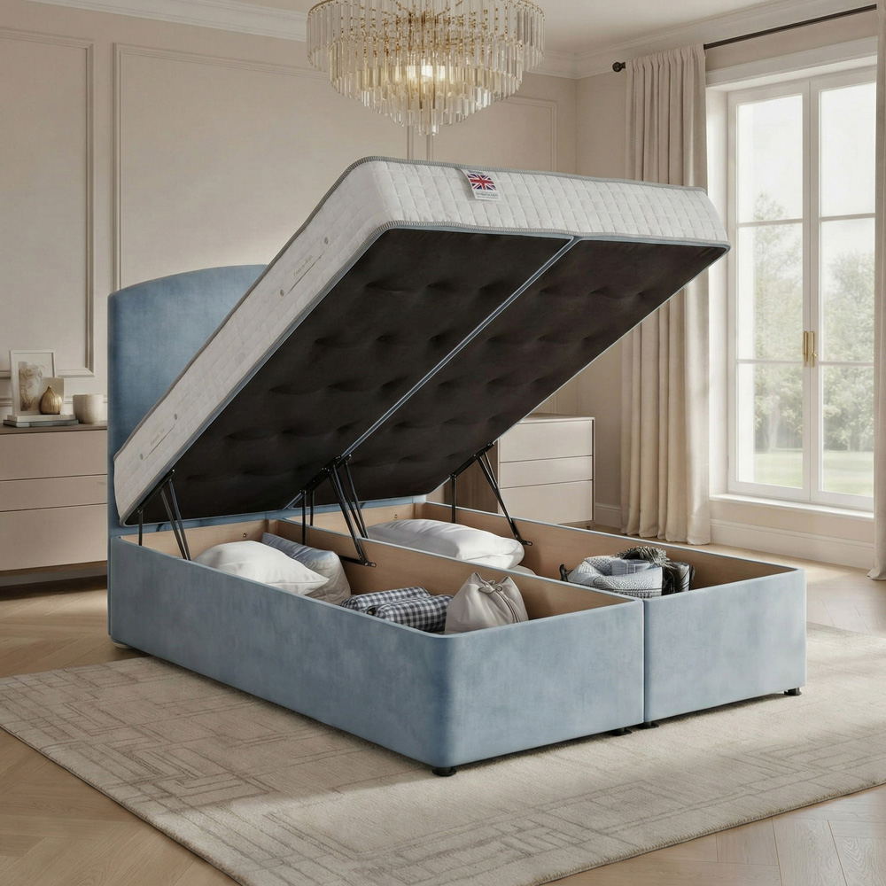 DS Living Opulence King Size Sky Blue Velvet Upholstered Ottoman Bed Image 2