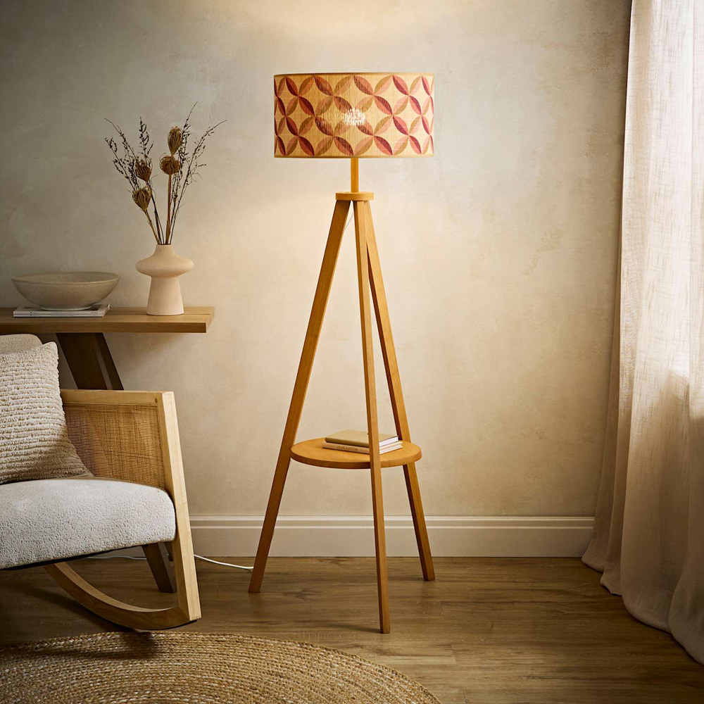 ValueLights Morrigan Mid Wood Tripod Floor Lamp with Geo Print Bamboo Shade and Bulb Image 5