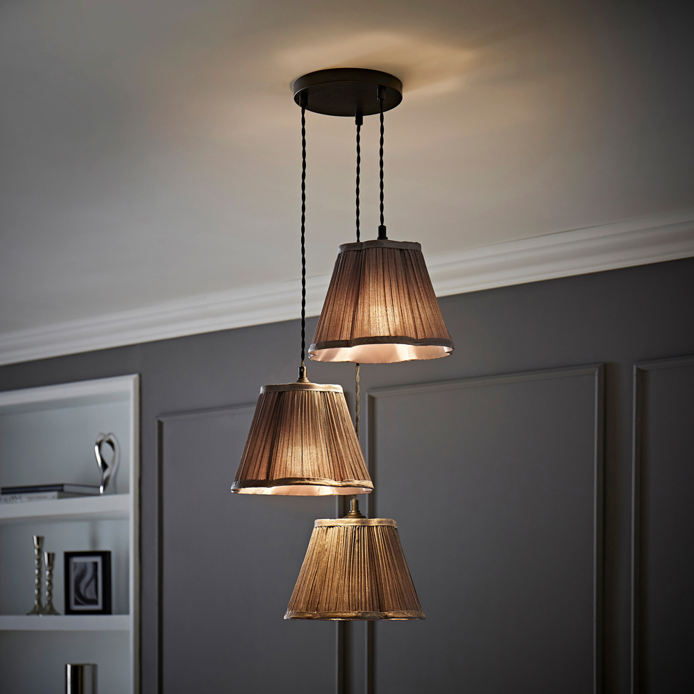 ValueLights Loralei Grey Pleated Faux Silk 3 Drop Cluster Black LED Ceiling Pendant Light Image 2