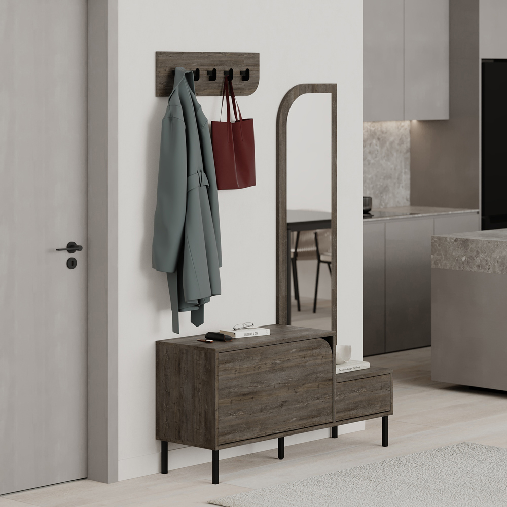 Decortie Mila 2 Door Dark Coffee Shoe Cabinet with Mirror and Coat Stand Image 4