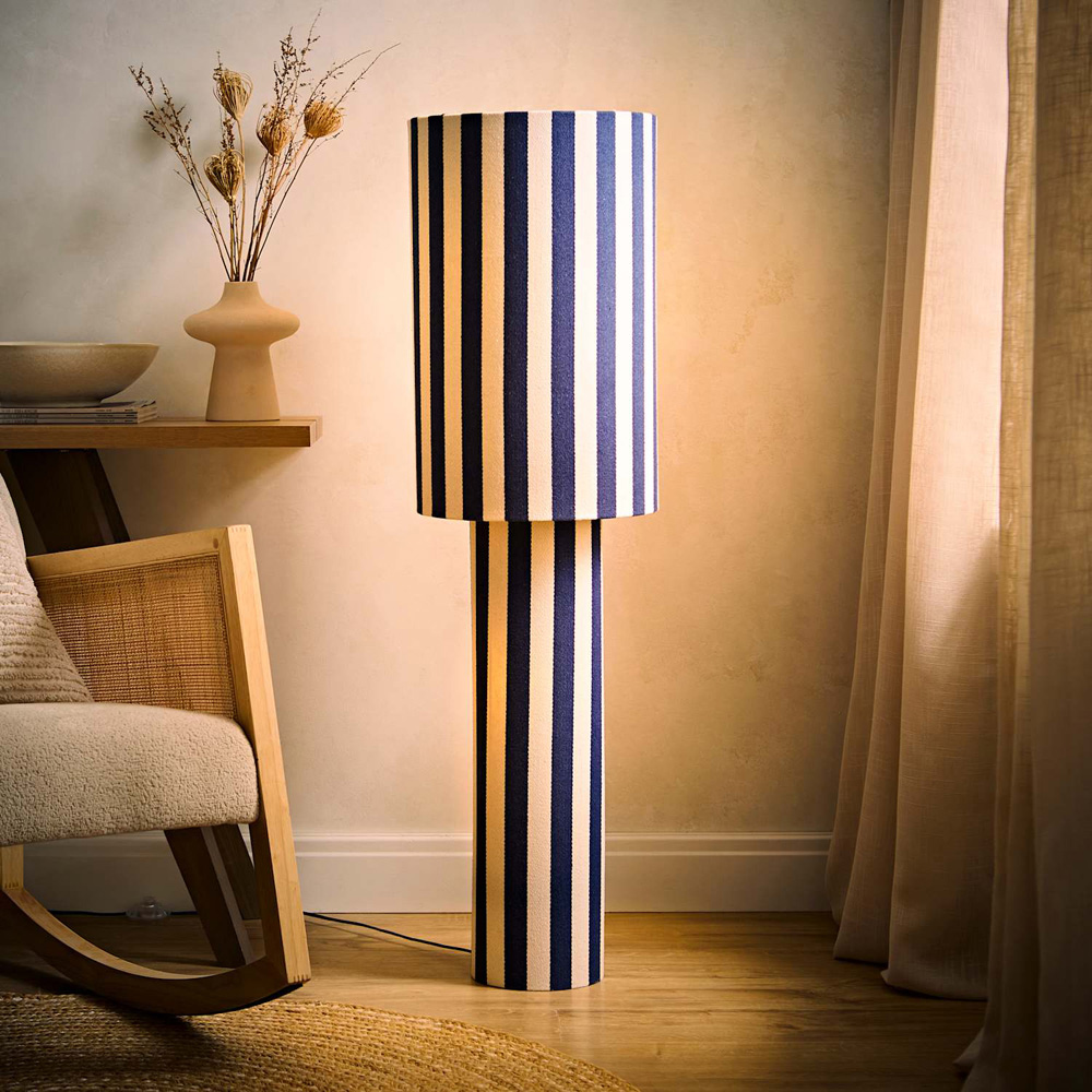 ValueLights Florence Navy Blue Pinstripe Linen LED Midi Floor Lamp with Bulb Image 2