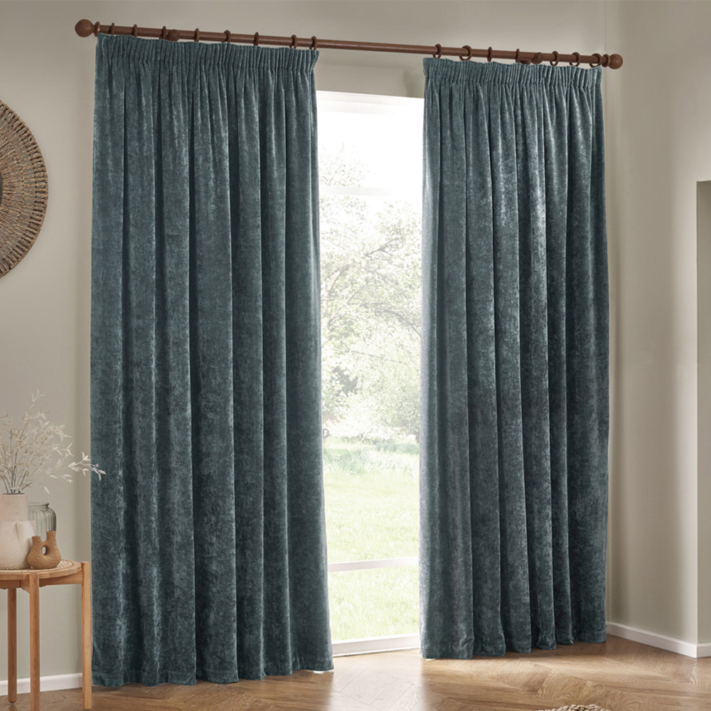 Yard Heavy Marine Chenille Velvet Pencil Pleat Curtains 168 x 229cm Image 1