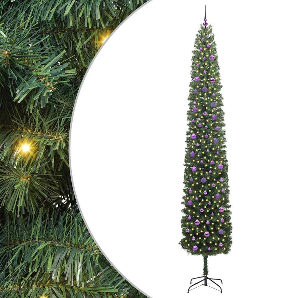 vidaXL Green Artificial Christmas Tree with LEDs Lilac Decoration Ornaments 10ft Image 2