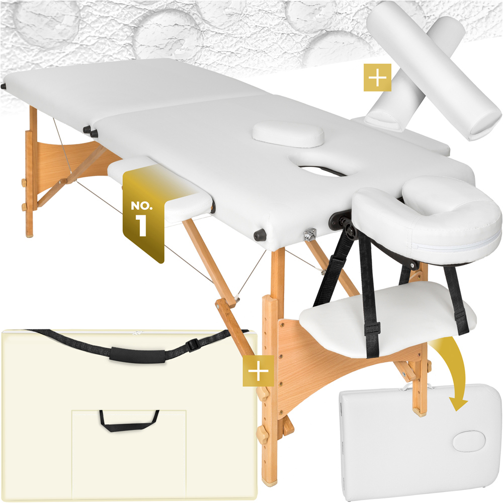 Massage Table - 2-zones with wooden frame, bolsters, carry bag, head and armrests - White Image 3