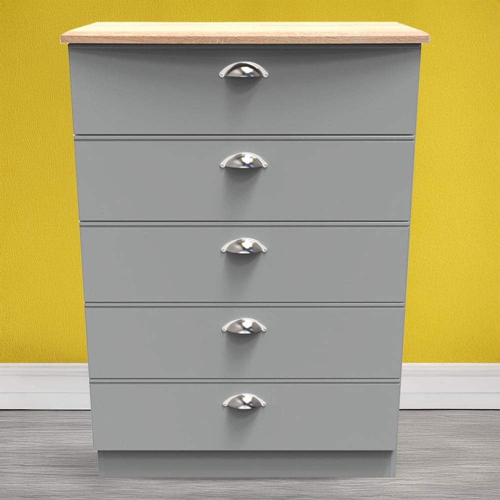 Crowndale Victoria 5 Drawer Dusk Grey and Oak Chest of Drawer Image 1