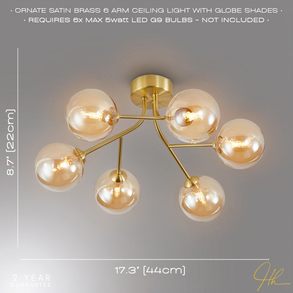 Happy Homewares 6 Arm Satin Gold Ceiling Light Fixture with Amber Tinted Glass Shade Image 7