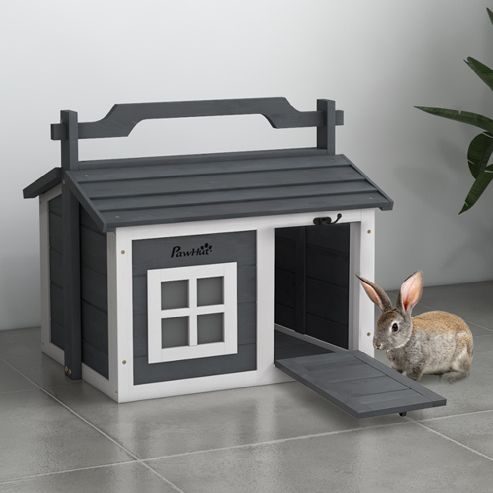 PawHut Grey Rabbit Hutch with Top Handle and Openable Roof Image 2