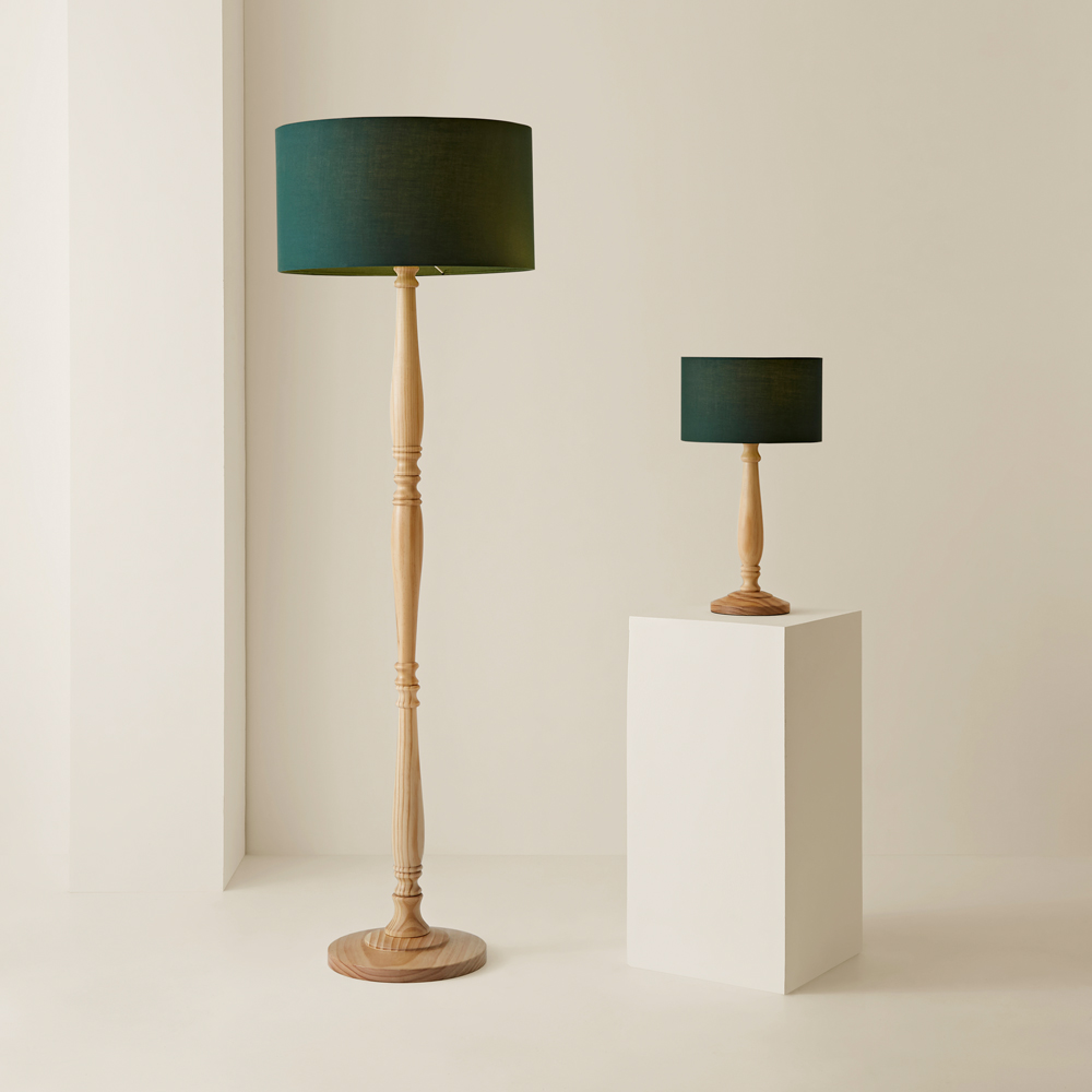 ValueLights Victoria Green Fabric Drum Shade Light Wood Traditional Stem LED Floor Lamp Image 7
