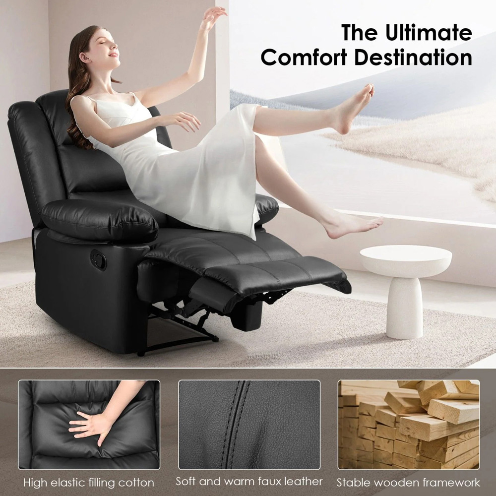 Rattrix Black PU Leather Manual Reclining Chair with Padded Backrest and Retractable Footrest Image 4