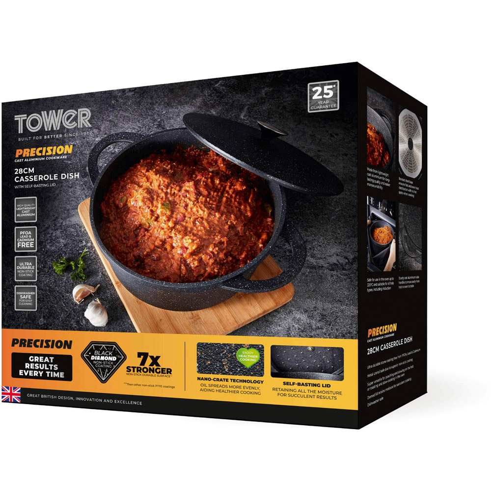Tower Precision 28cm Black Cast Aluminium Non-Stick Casserole Dish with Lid Image 2