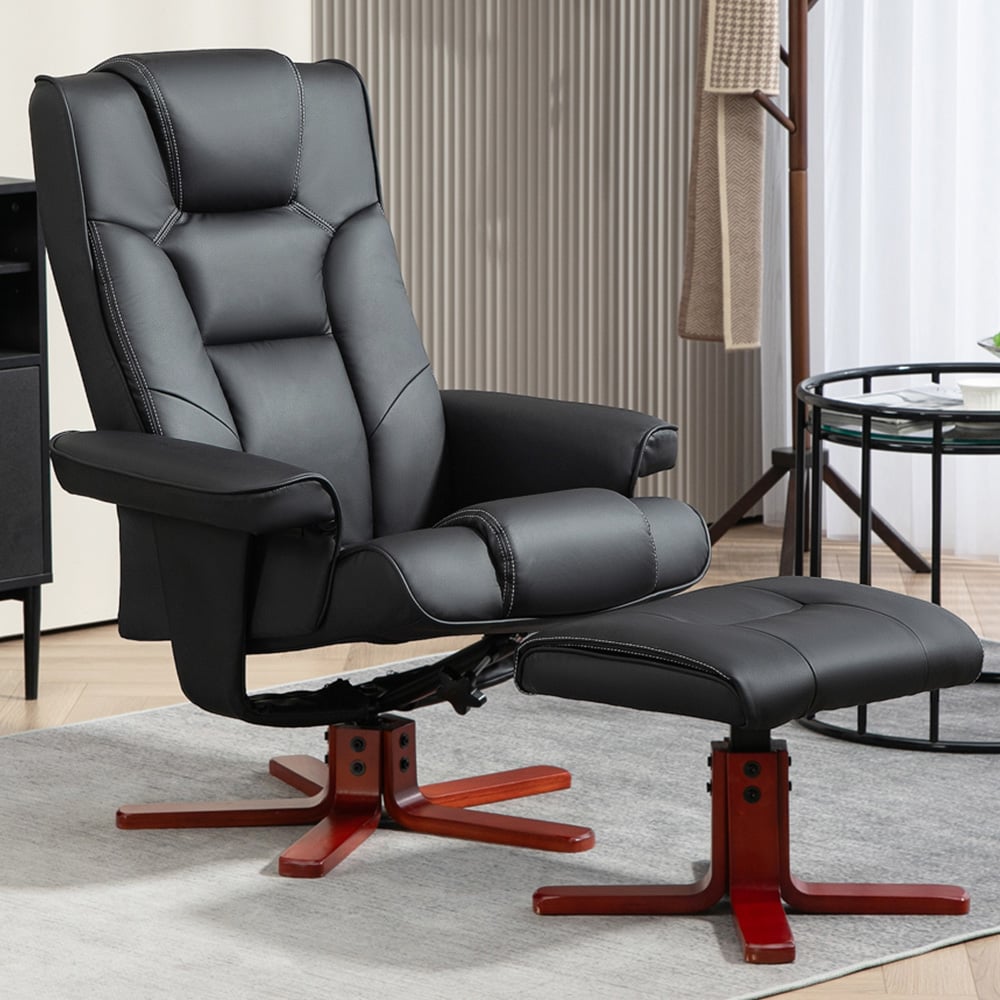 Portland Black Recliner Armchair with Footstool Image 1