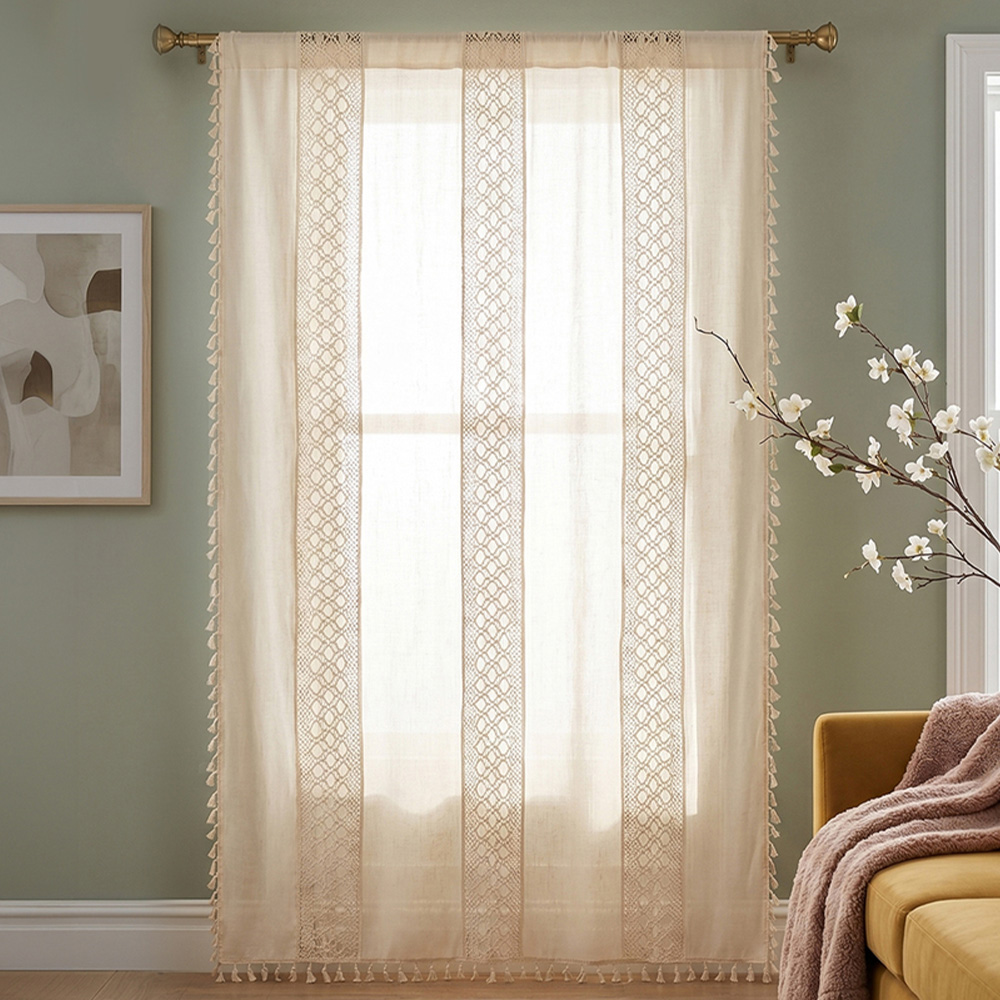 Living and Home Beige Bohemian Semi Sheer Diamond Pattern Curtain 238 x 150cm Image 1