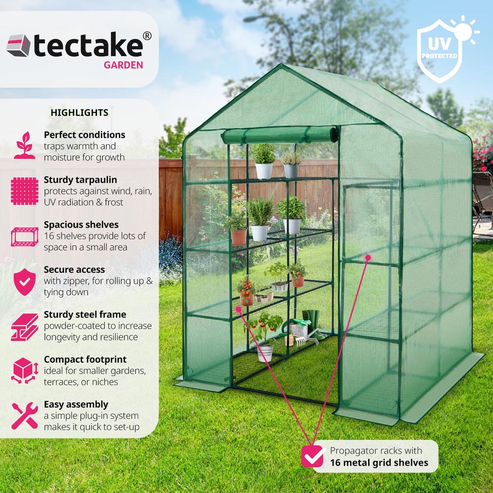 tectake 16 Shelf 4.7 x 4.7ft Greenhouse with Tarpaulin Cover Image 6