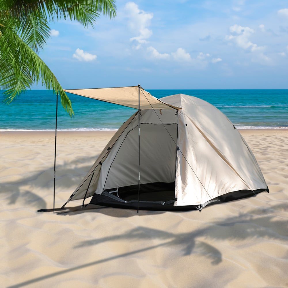 Living and Home 2 Person Khaki Waterproof Camping Tent with Extended Shade Image 8