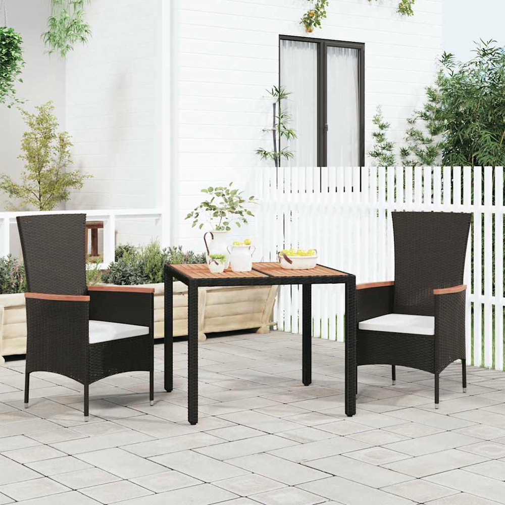 vidaXL 2 Seater Black Polyrattan and Wooden Tabletop Garden Table Image 1