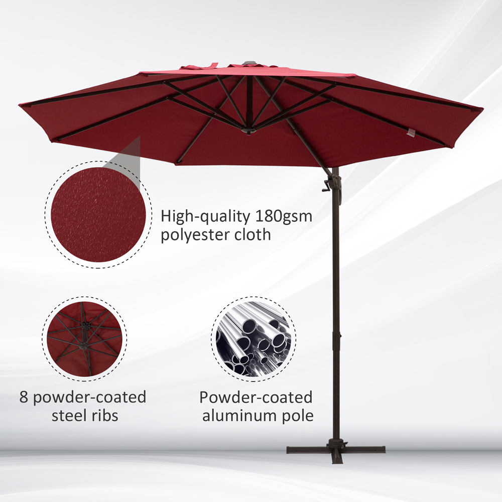 Outsunny Wine Red Cantilever Hanging Parasol with Cross Base 3m Image 6