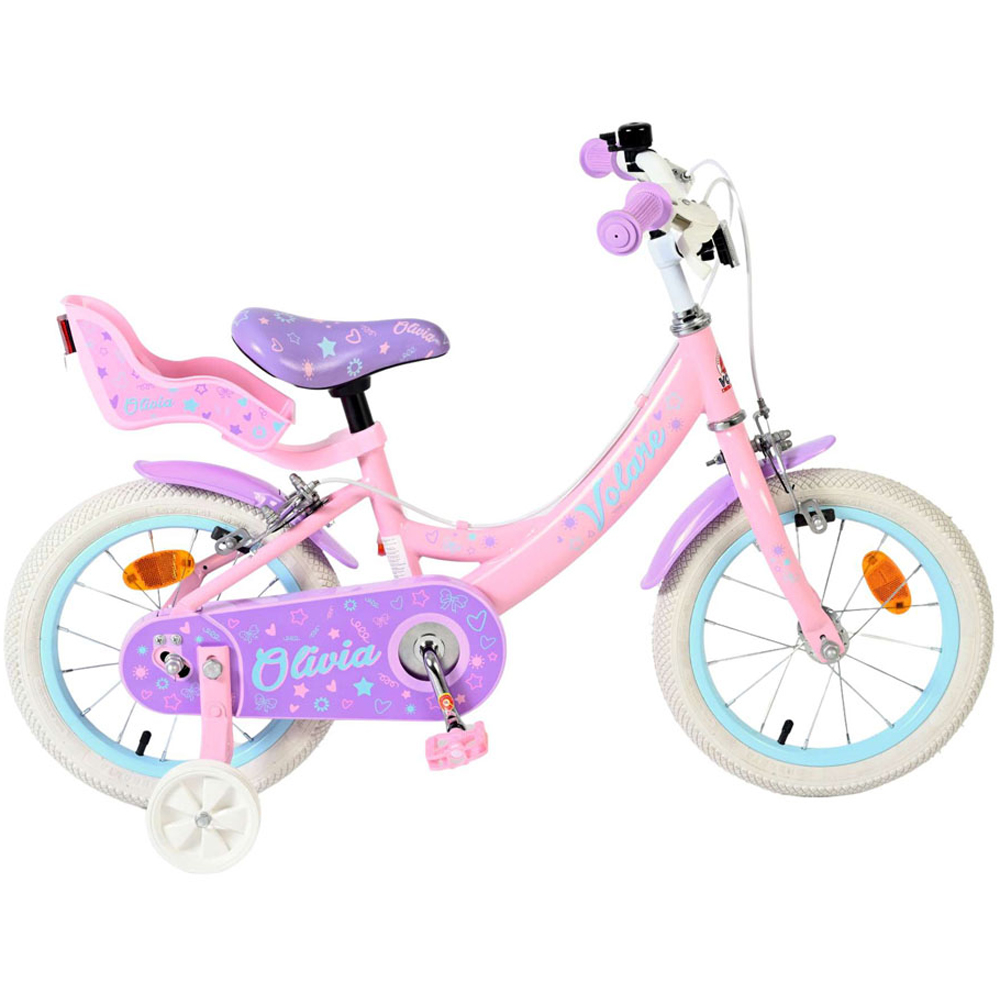 Volare Olivia Kids 14 inch Pink and Purple Bike with Stabilisers and Doll Seat Image 6