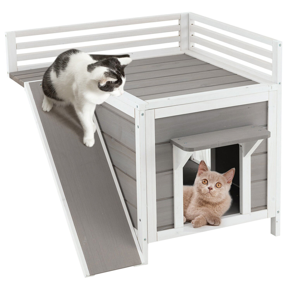 Costway Grey Pet Dog House with Balcony Image 1