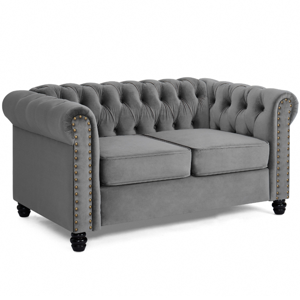 Home Detail Chesterfield 2 Seater Studded Grey Velvet Sofa Image 2