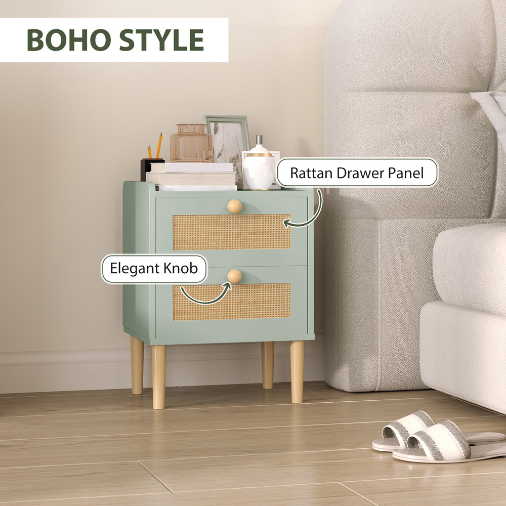 Portland 2 Drawer Olive Green Boho Rattan Chest of Drawers Image 5