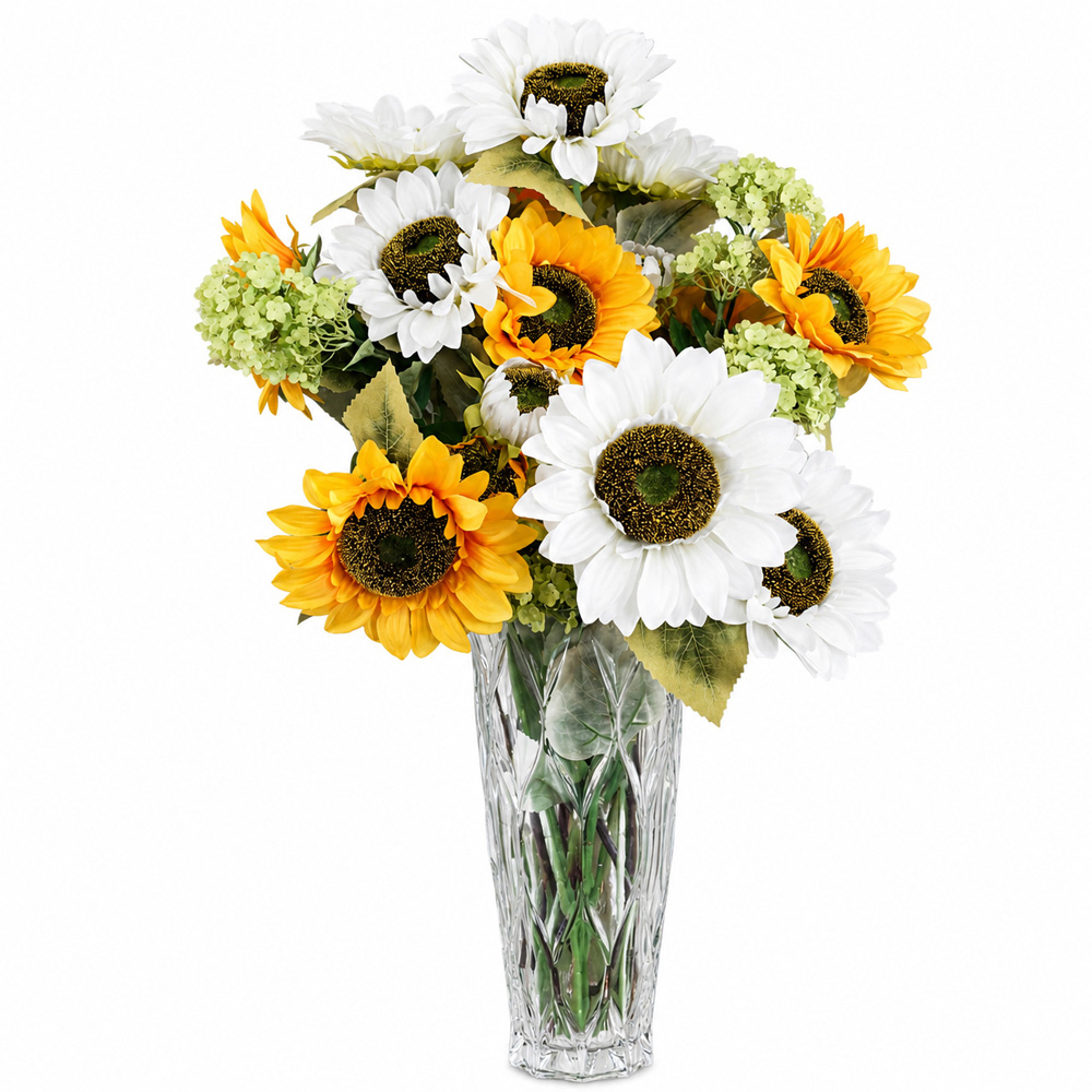Leaf White and Yellow Sunflower Mix Artificial Flower Bundle with Glass Vase 80cm 8 Pack Image 1